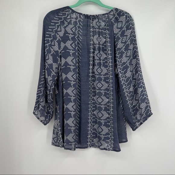 Fred David Geometric Three Quarter Sleeves Scoopneck Drawstring Blue Blouse - Picture 5 of 7